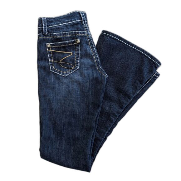 RARE Vintage Seven7 Crystal Embellished TULIP Flare Low Rise Topstitch Jeans 28 - Picture 1 of 9